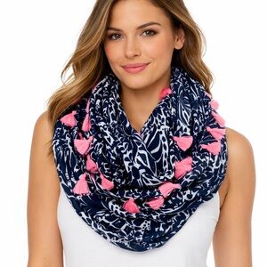 NWT Lilly Pulitzer Resort Infinity Loop Scarf High Tide Navy Pink Tassel